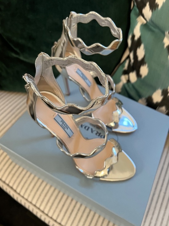 PRADA Silver Metallic Wavy Strap High Heel Sandals BNIB main image 3